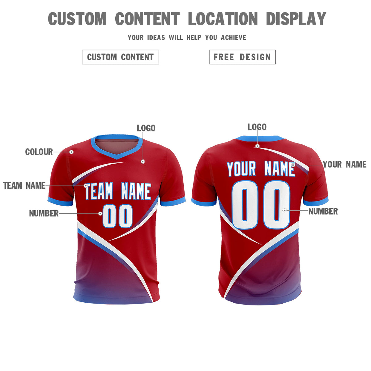 Custom Red Powder Blue Color Block Training Uniform For Men Soccer Sets Jersey