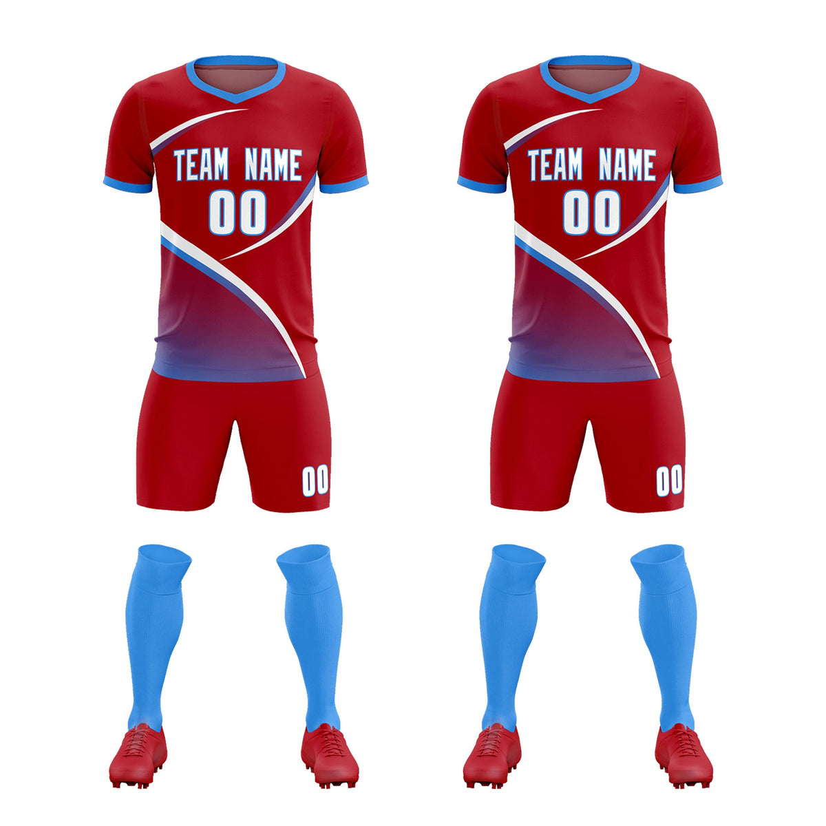 Custom Red Powder Blue Color Block Training Uniform For Men Soccer Sets Jersey