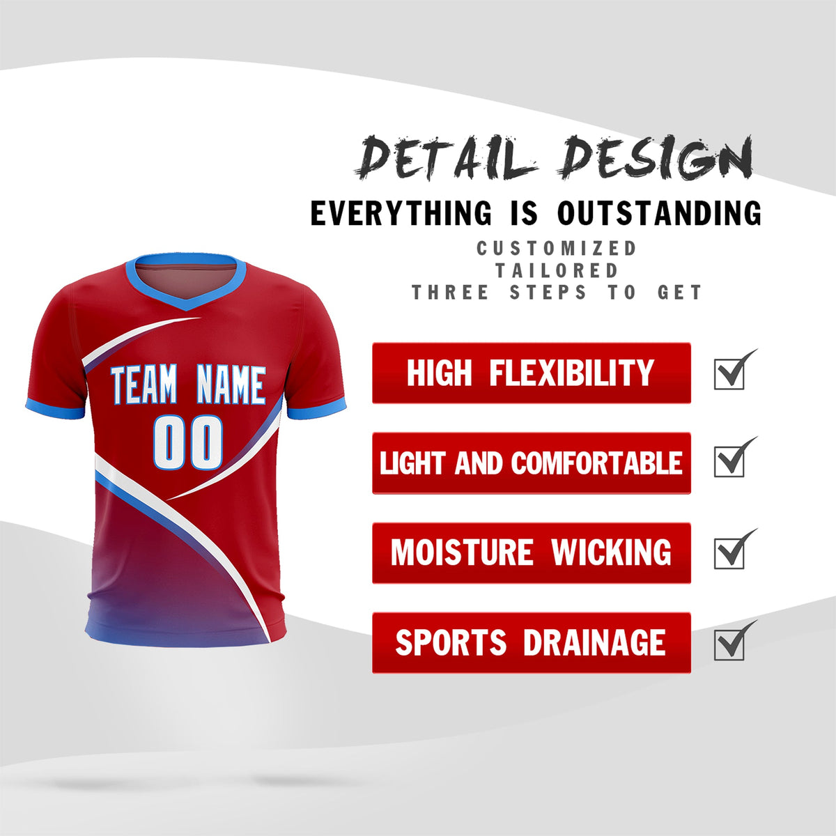 Custom Red Powder Blue Color Block Training Uniform For Men Soccer Sets Jersey