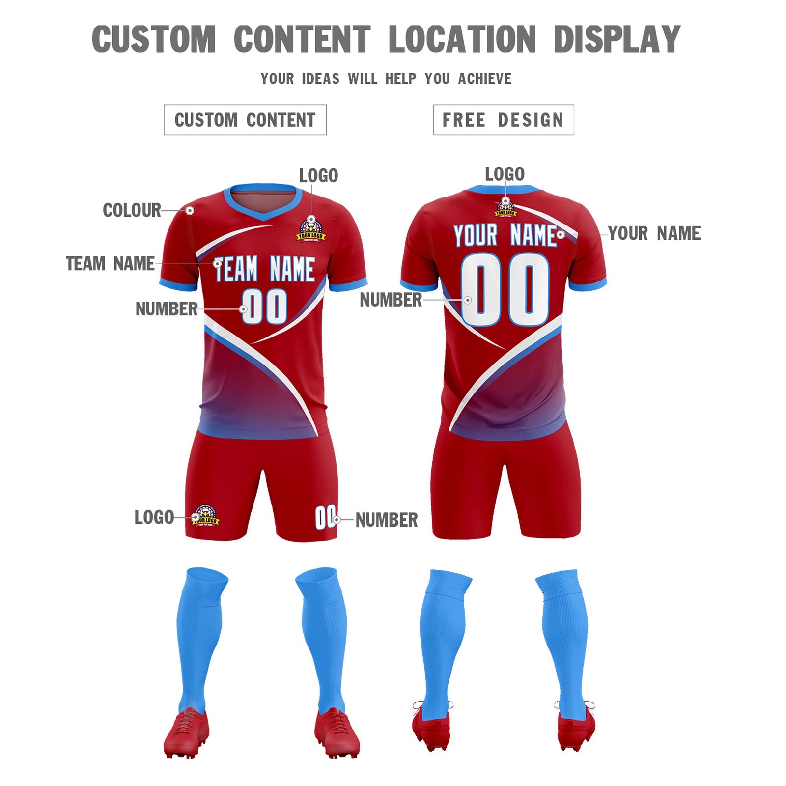 Custom Red Powder Blue Color Block Training Uniform For Men Soccer Sets Jersey