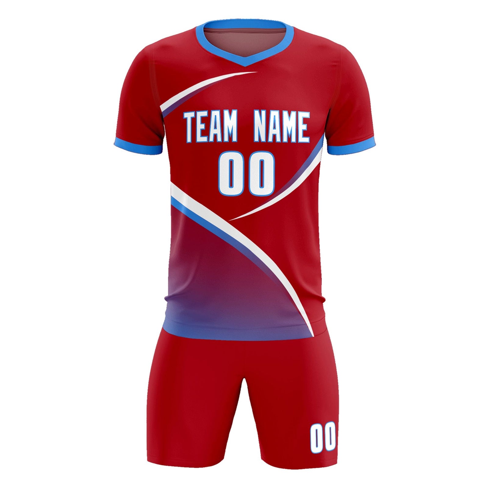 Custom Red Powder Blue Color Block Training Uniform For Men Soccer Sets Jersey