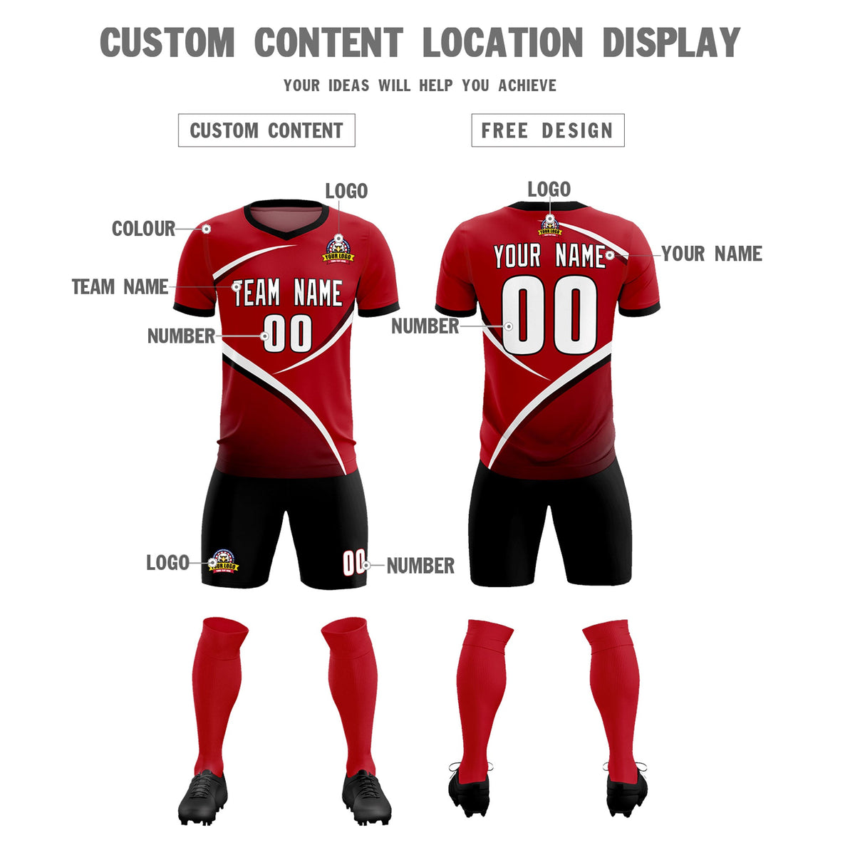 Custom Red Black Color Block Training Uniform For Men Soccer Sets Jersey
