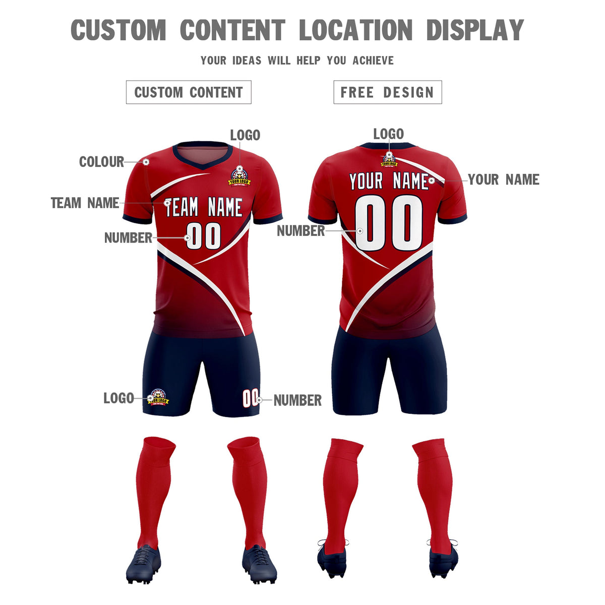 Custom Red Navy Color Block Training Uniform For Men Soccer Sets Jersey