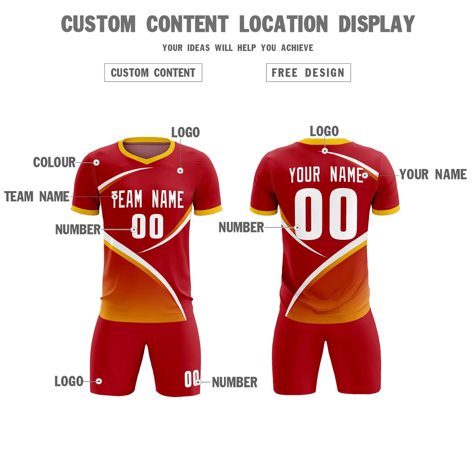 Custom Red Gold Color Block Training Uniform For Men Soccer Sets Jersey