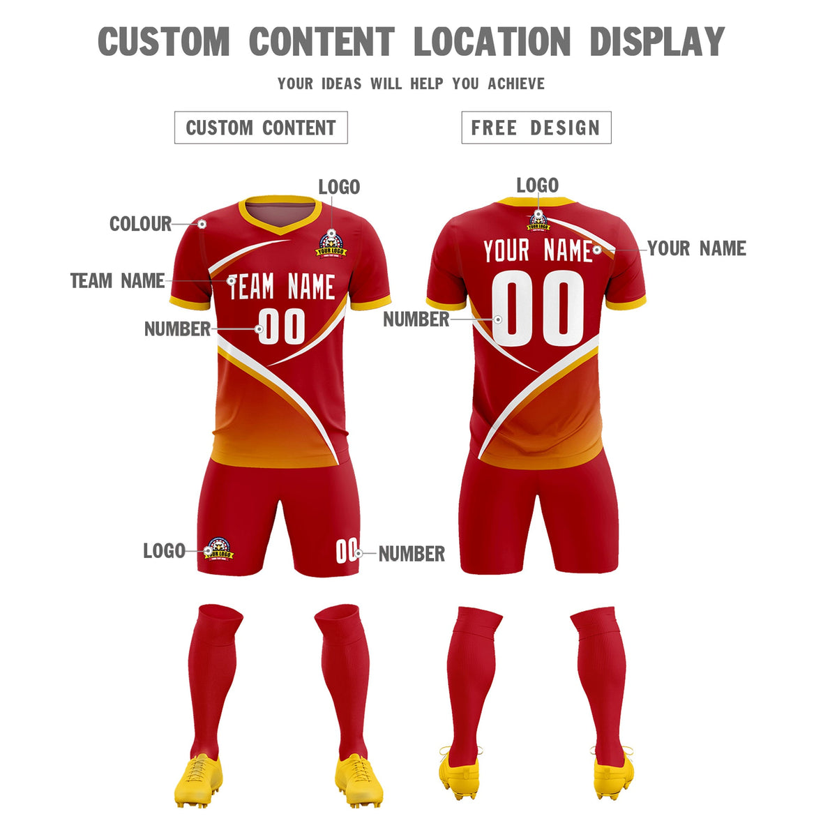 Custom Red Gold Color Block Training Uniform For Men Soccer Sets Jersey