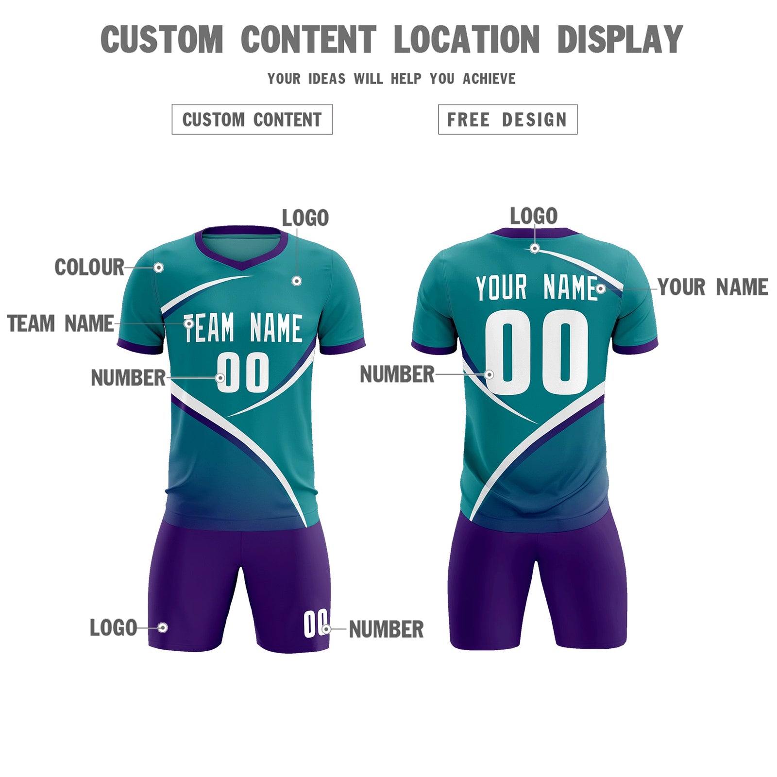 Custom Aqua Purple Color Block Training Uniform For Men Soccer Sets Jersey