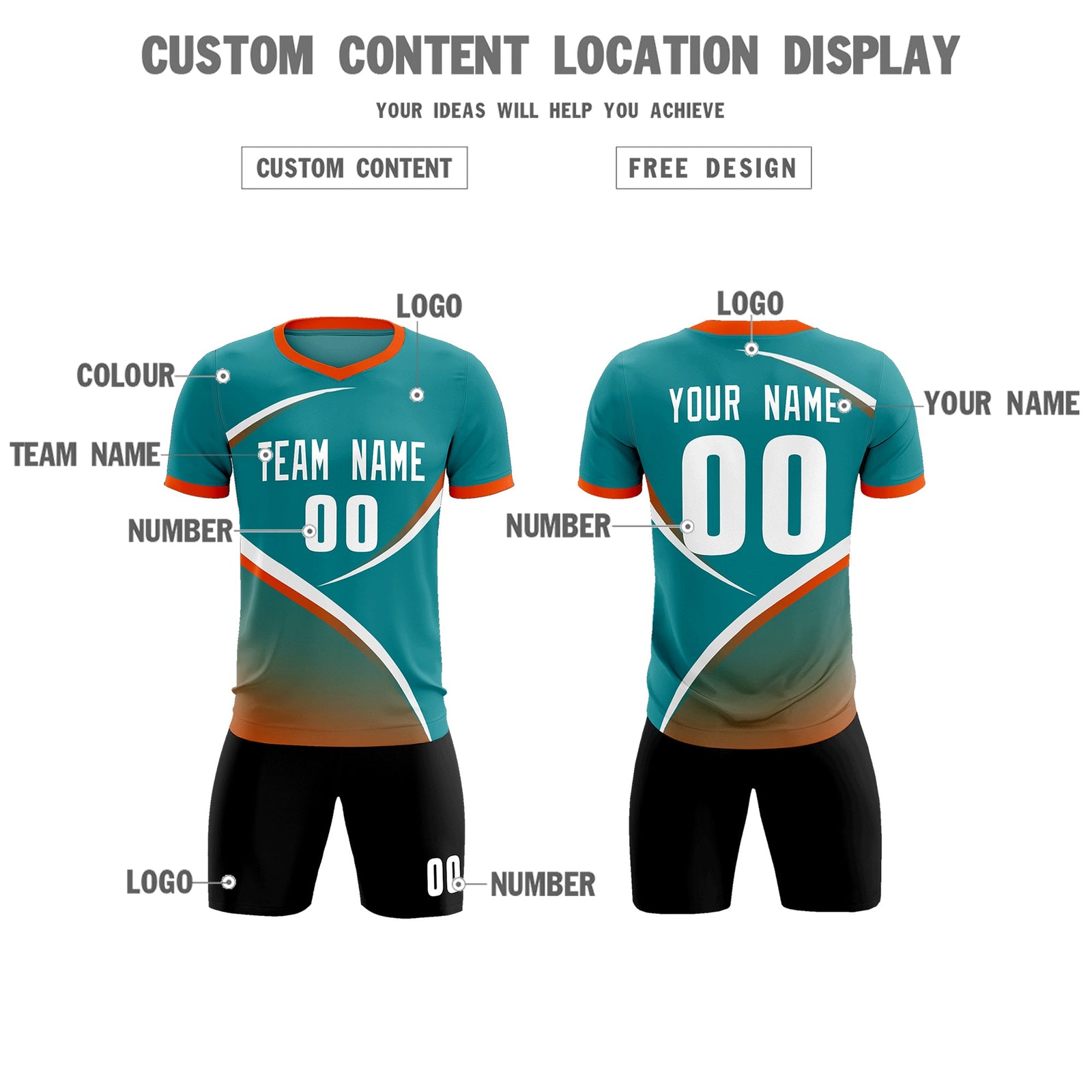 Custom Aqua Orange Color Block Training Uniform For Men Soccer Sets Jersey