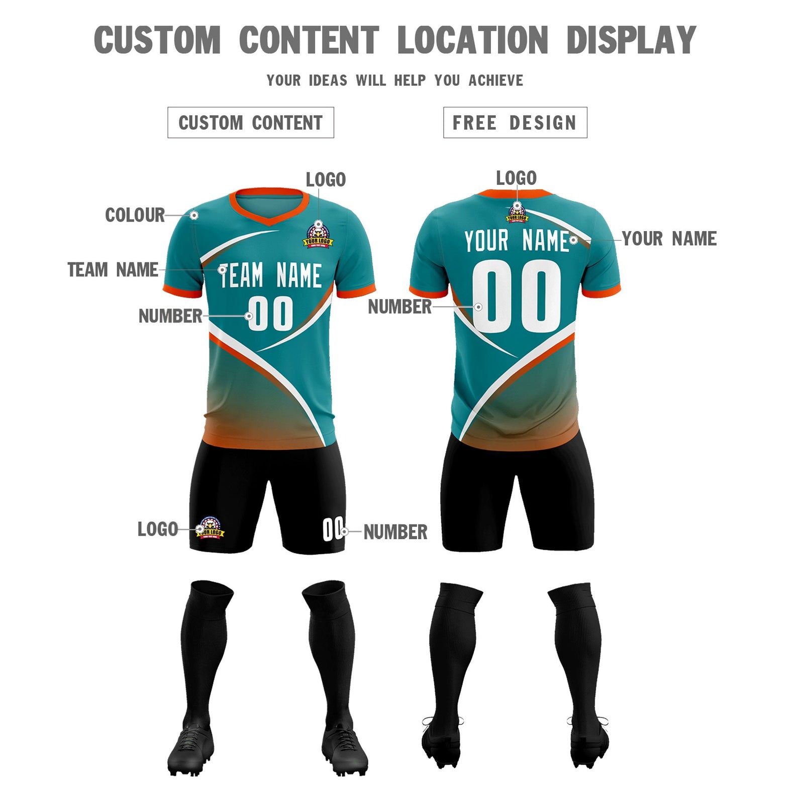 Custom Aqua Orange Color Block Training Uniform For Men Soccer Sets Jersey