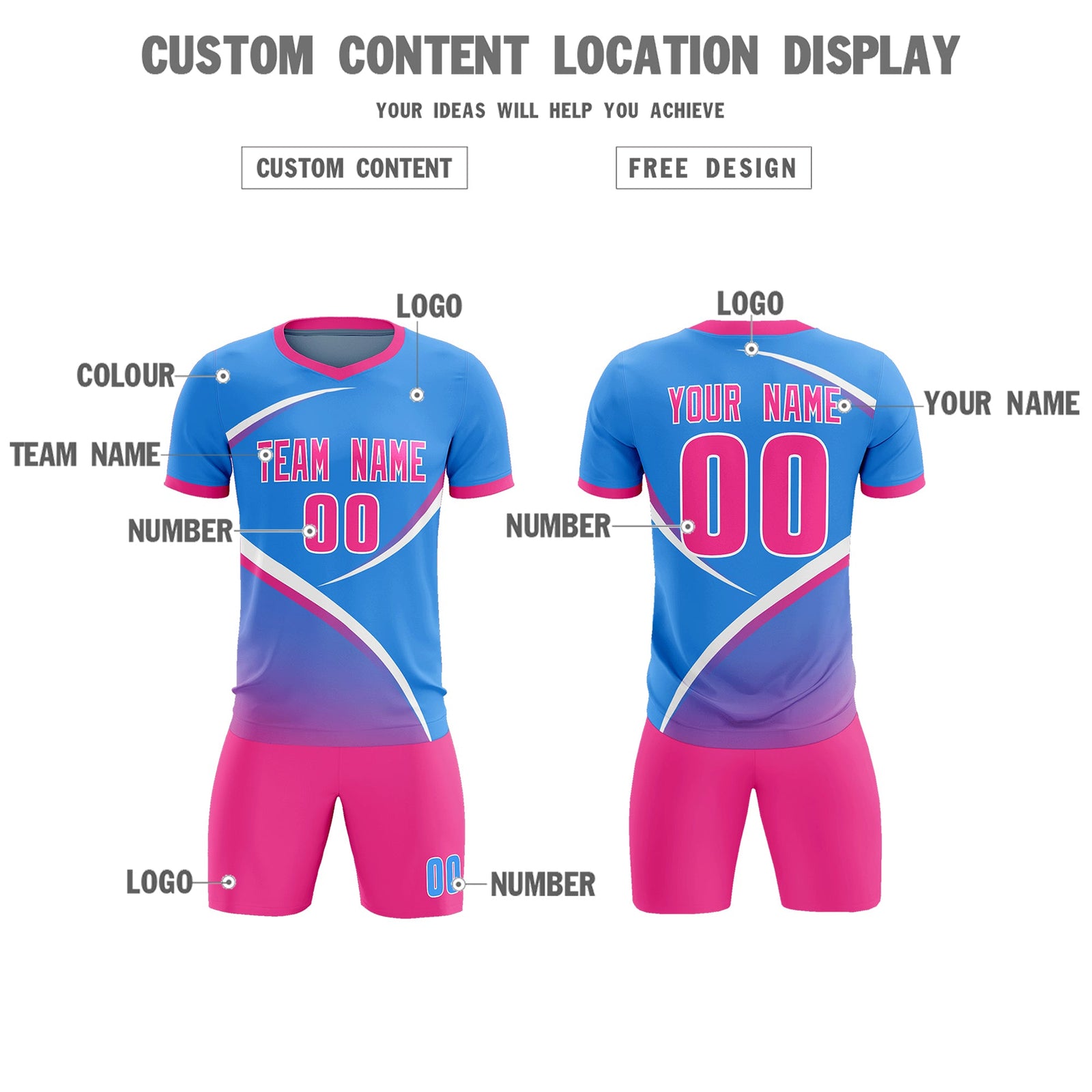 Custom Powder Blue Pink Color Block Training Uniform For Men Soccer Sets Jersey