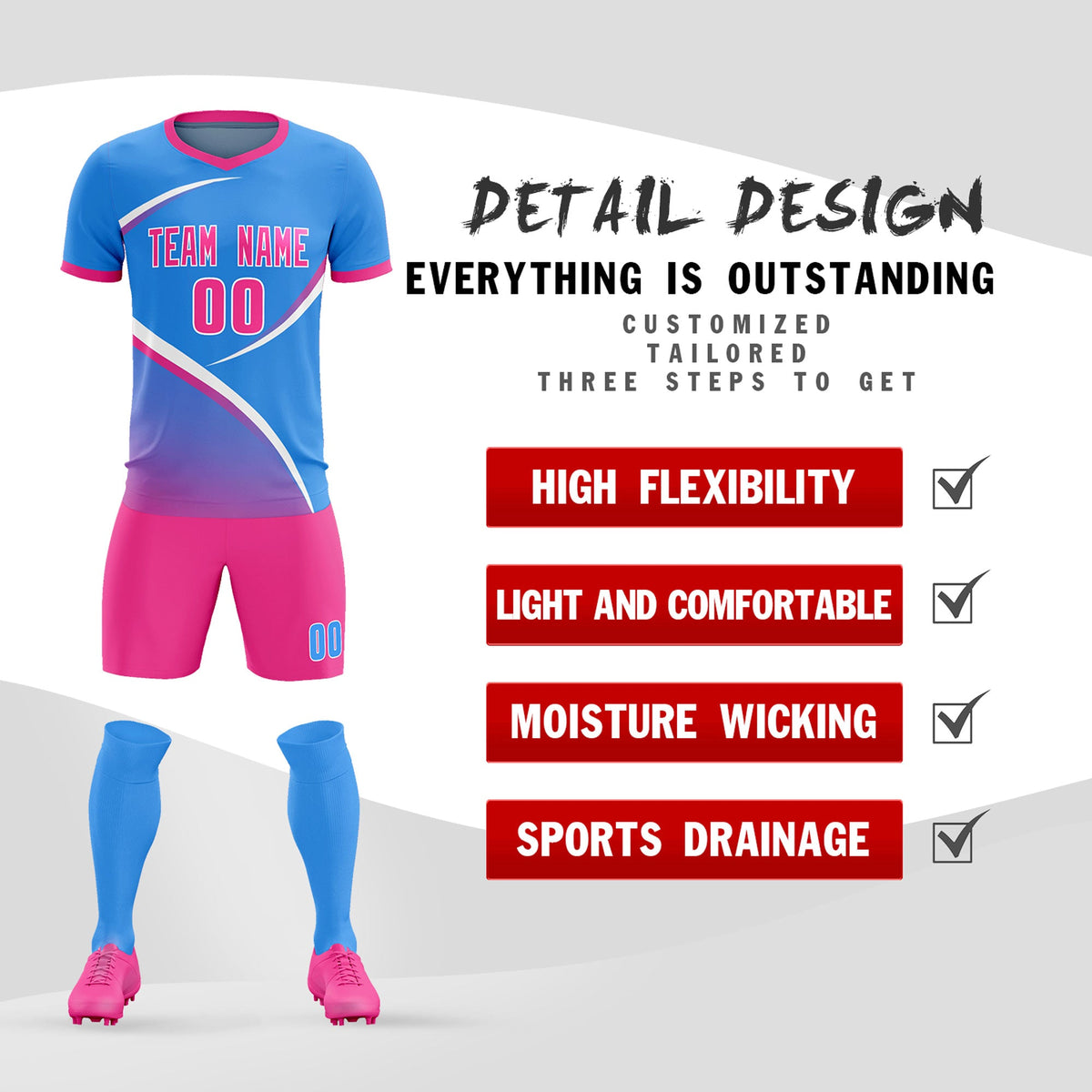 Custom Powder Blue Pink Color Block Training Uniform For Men Soccer Sets Jersey