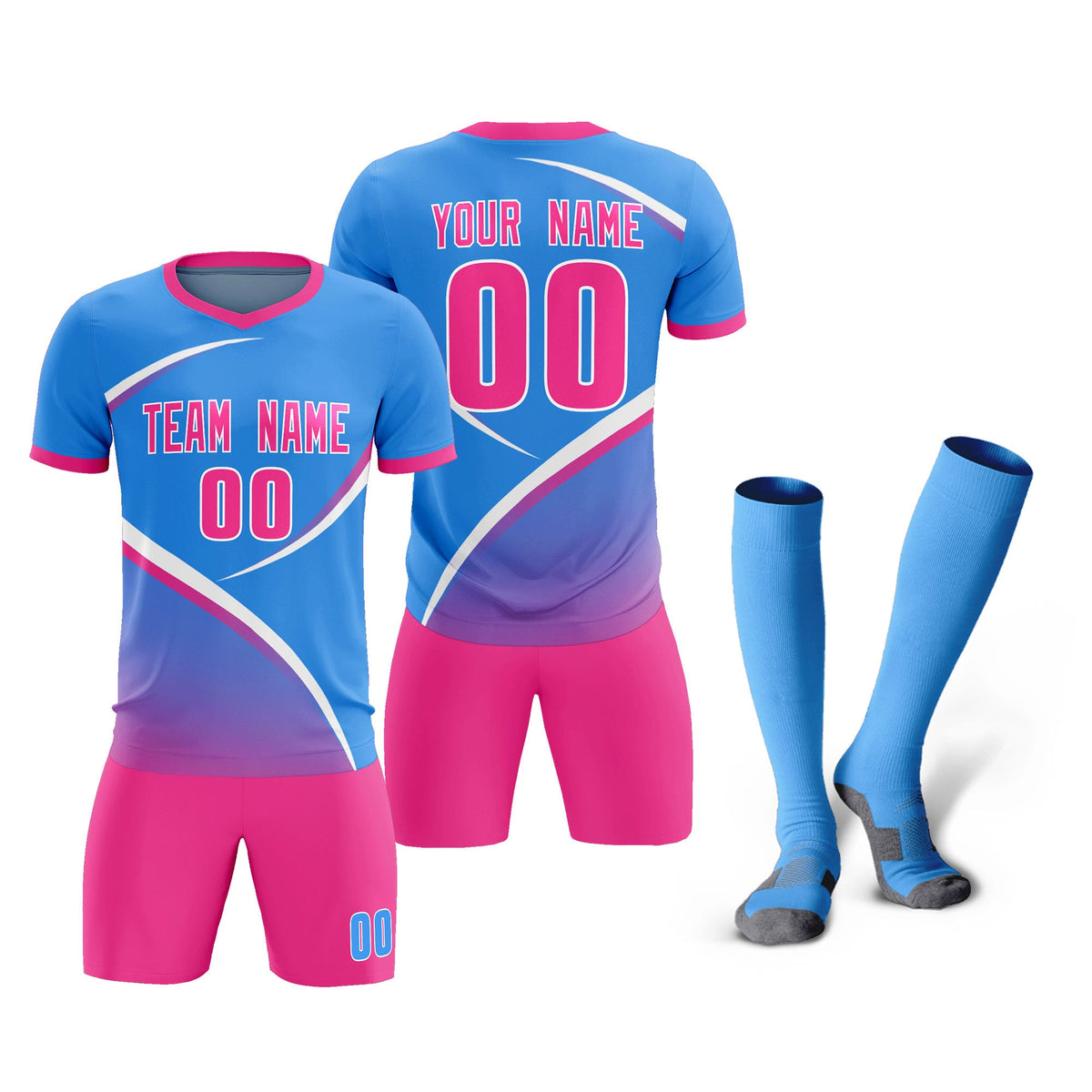Custom Powder Blue Pink Color Block Training Uniform For Men Soccer Sets Jersey