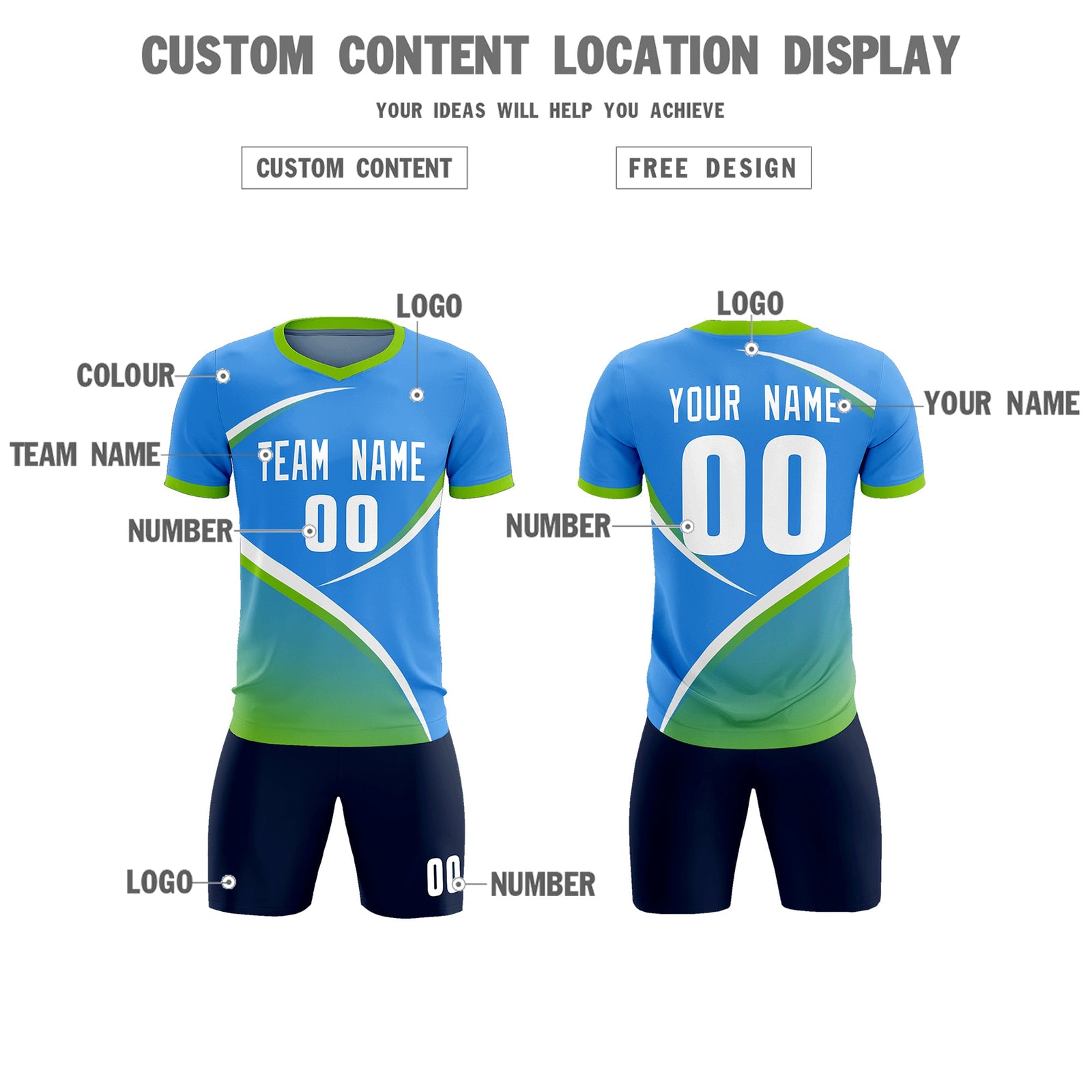 Custom Powder Blue Neon Green Color Block Training Uniform For Men Soccer Sets Jersey