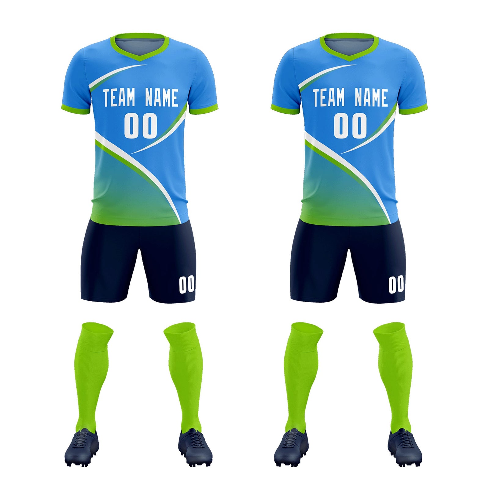 Custom Powder Blue Neon Green Color Block Training Uniform For Men Soccer Sets Jersey