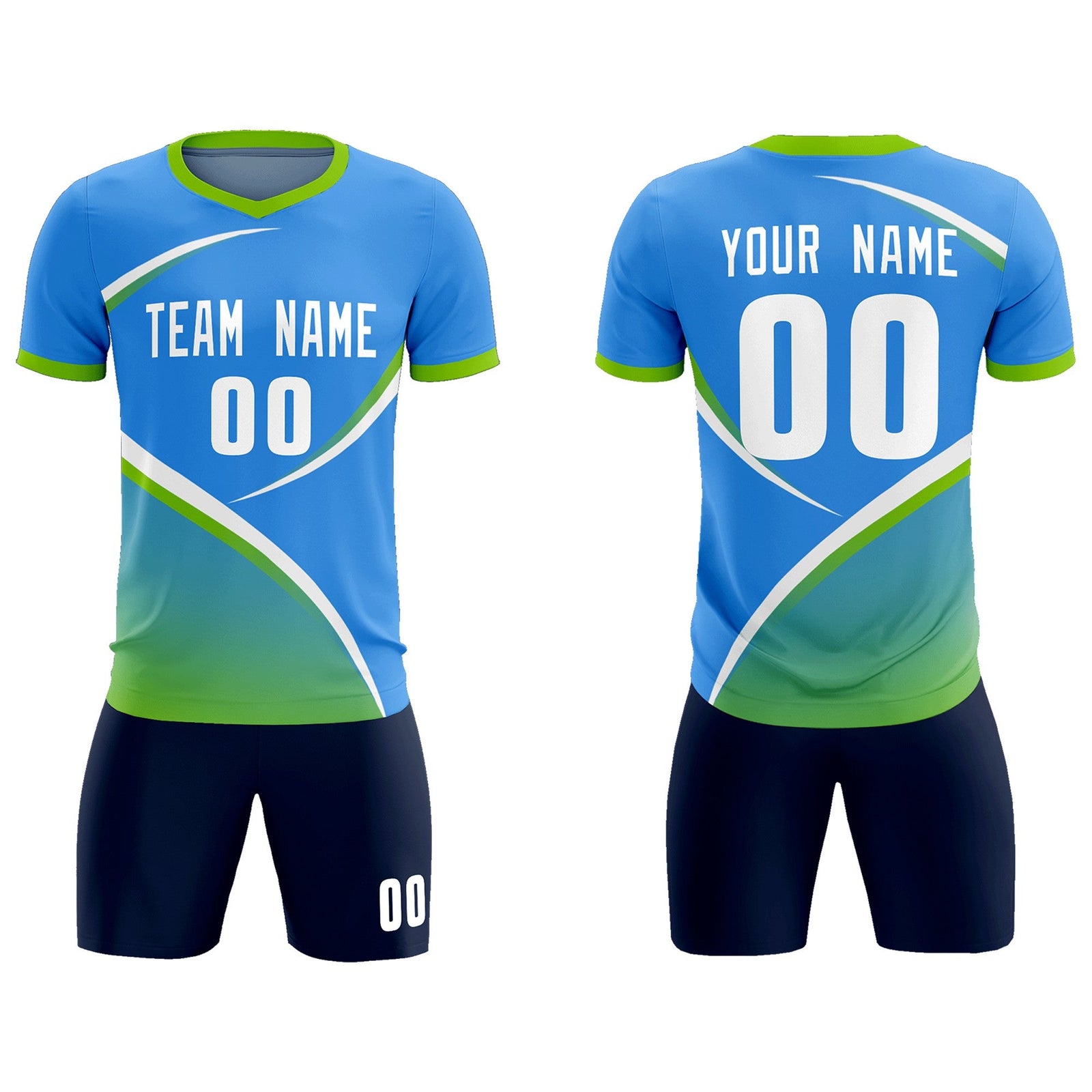 Custom Powder Blue Neon Green Color Block Training Uniform For Men Soccer Sets Jersey
