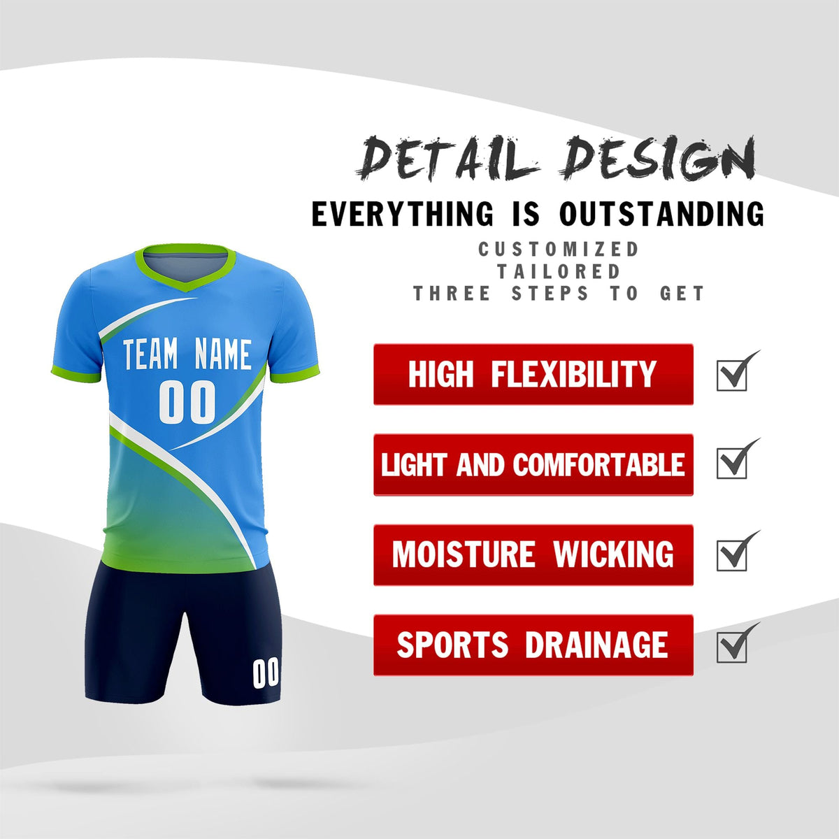 Custom Powder Blue Neon Green Color Block Training Uniform For Men Soccer Sets Jersey