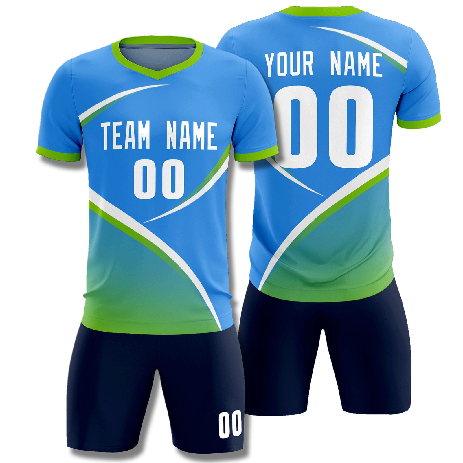 Custom Powder Blue Neon Green Color Block Training Uniform For Men Soccer Sets Jersey