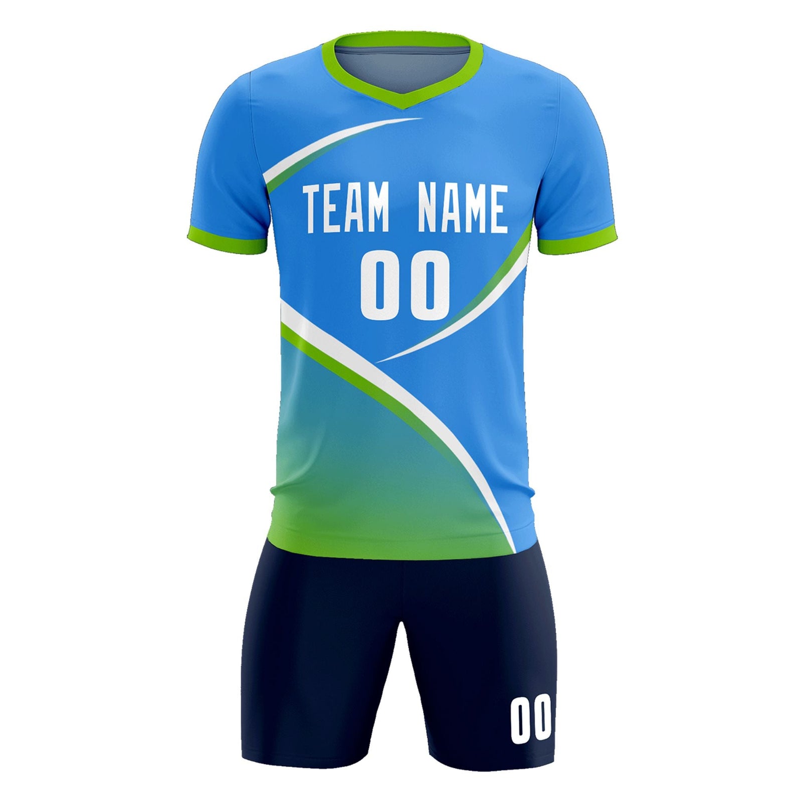 Custom Powder Blue Neon Green Color Block Training Uniform For Men Soccer Sets Jersey