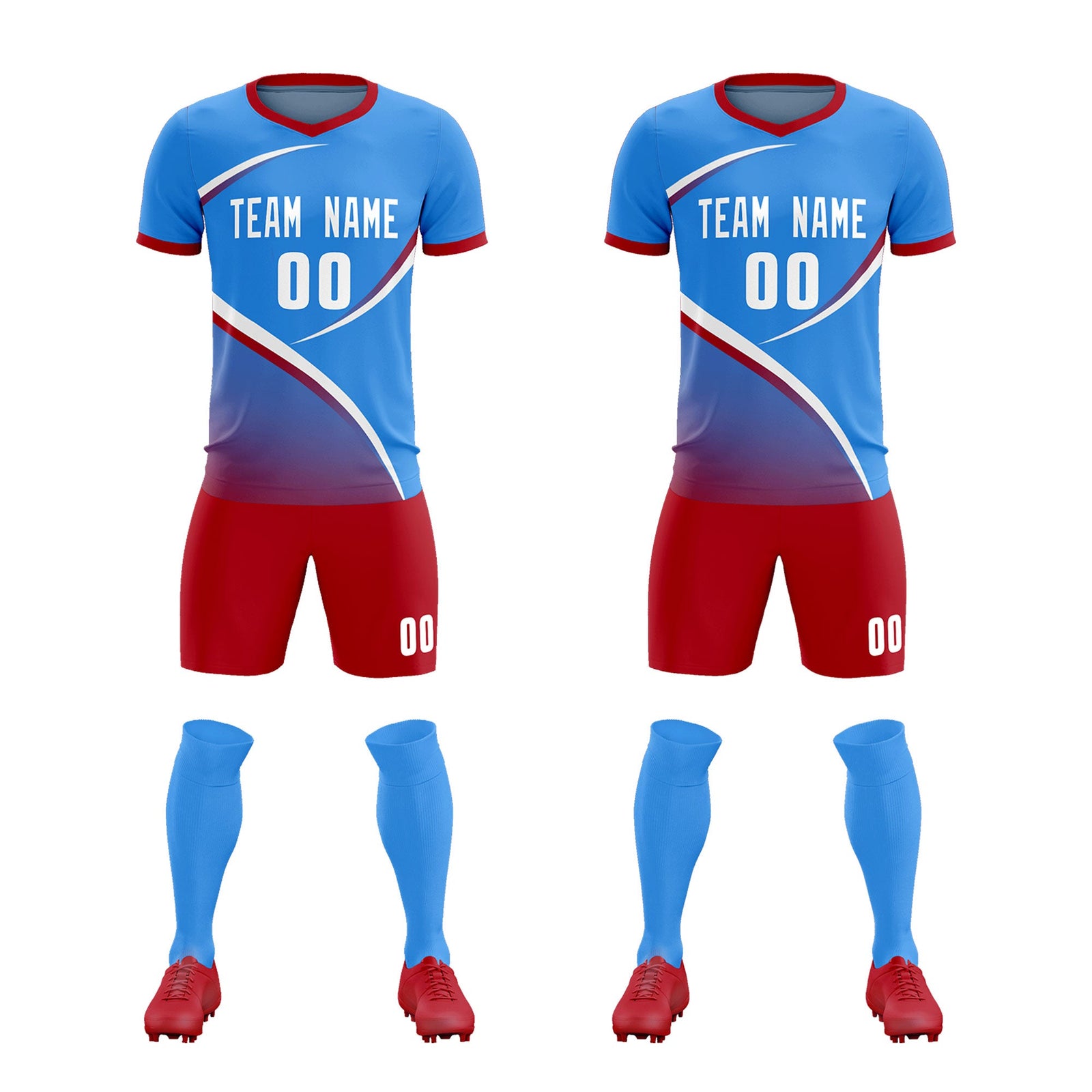 Custom Powder Blue Red Color Block Training Uniform For Men Soccer Sets Jersey