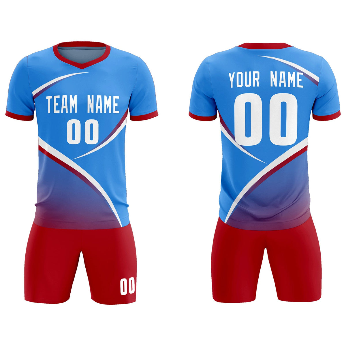 Custom Powder Blue Red Color Block Training Uniform For Men Soccer Sets Jersey