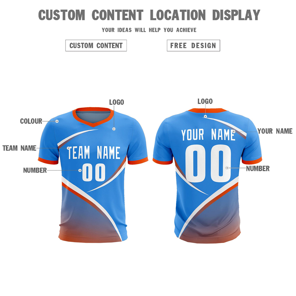 Custom Powder Blue Orange Color Block Training Uniform For Men Soccer Sets Jersey