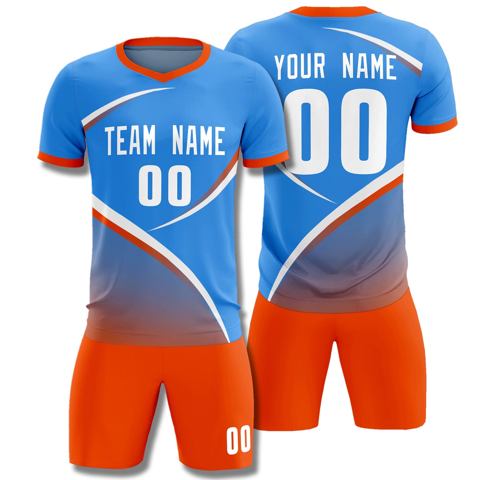 Custom Powder Blue Orange Color Block Training Uniform For Men Soccer Sets Jersey