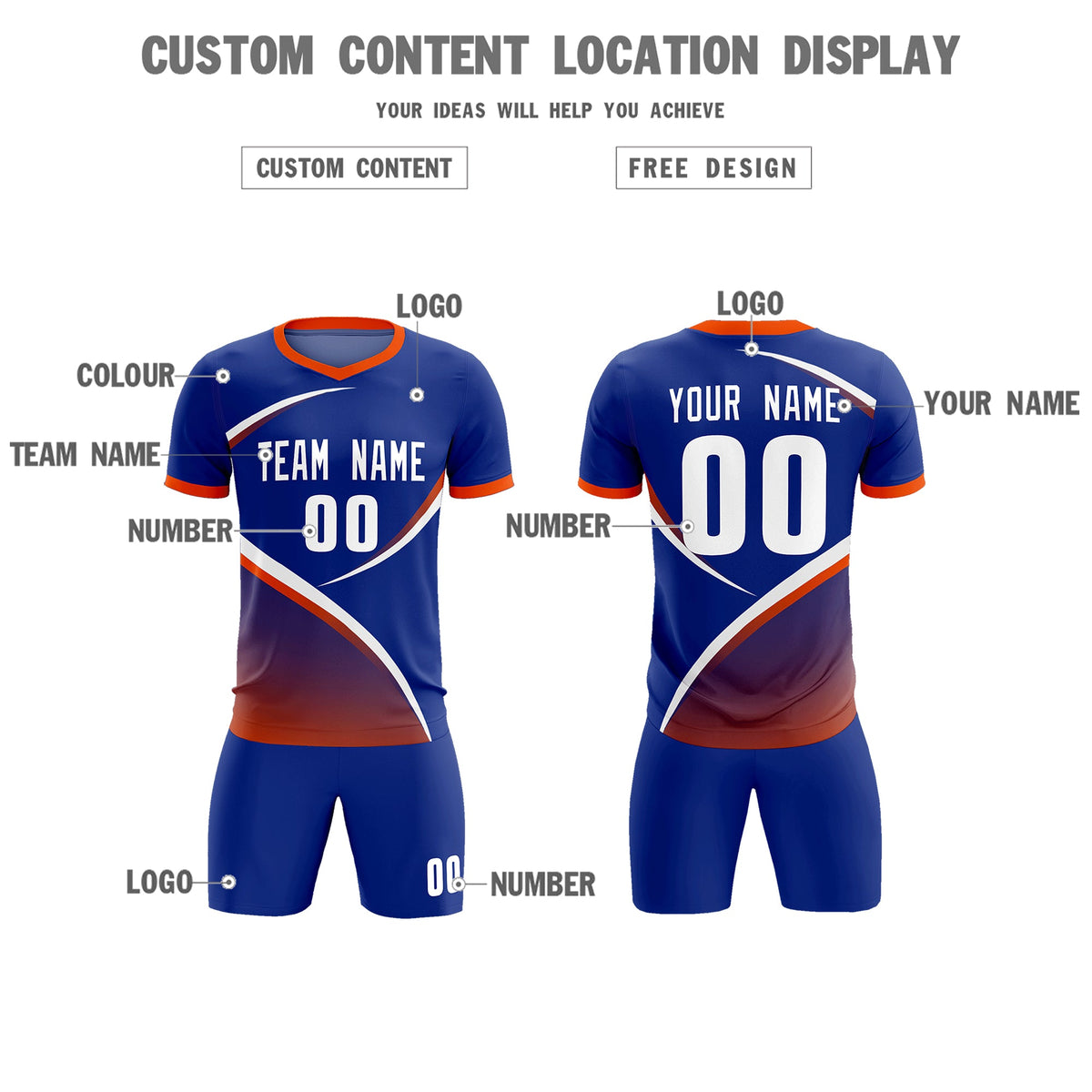 Custom Royal Orange Color Block Training Uniform For Men Soccer Sets Jersey