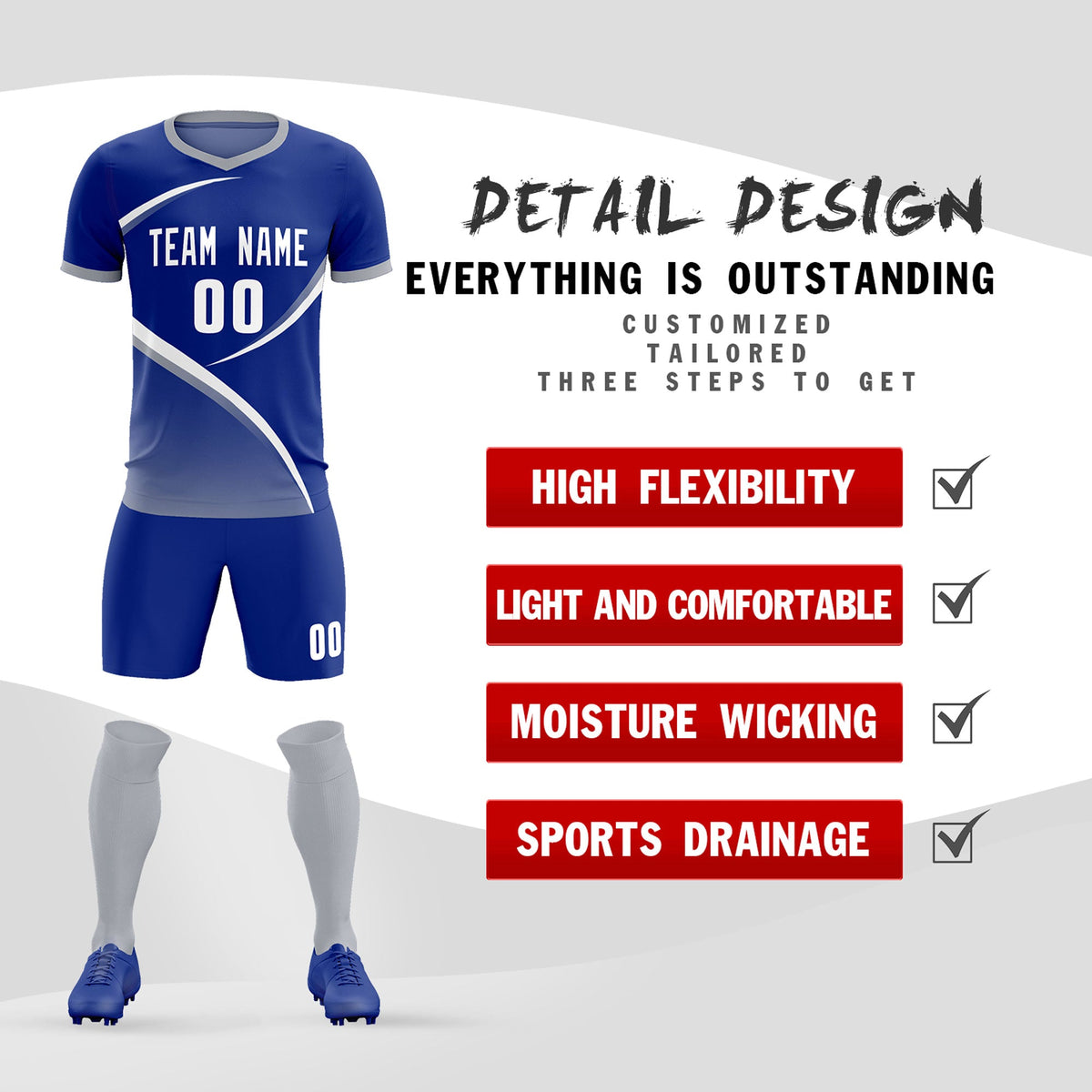 Custom Royal Gray Color Block Training Uniform For Men Soccer Sets Jersey