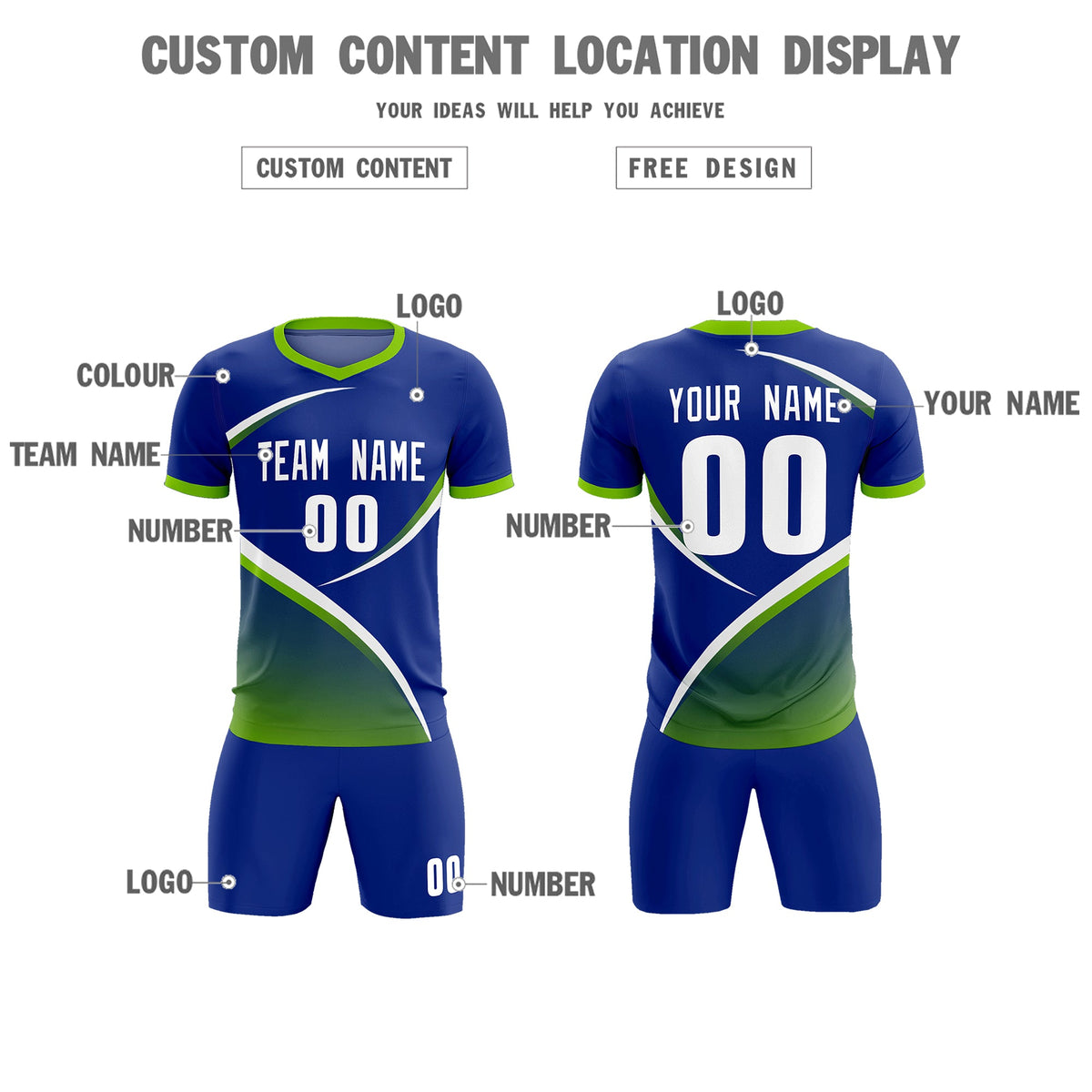 Custom Royal Neon Green Color Block Training Uniform For Men Soccer Sets Jersey