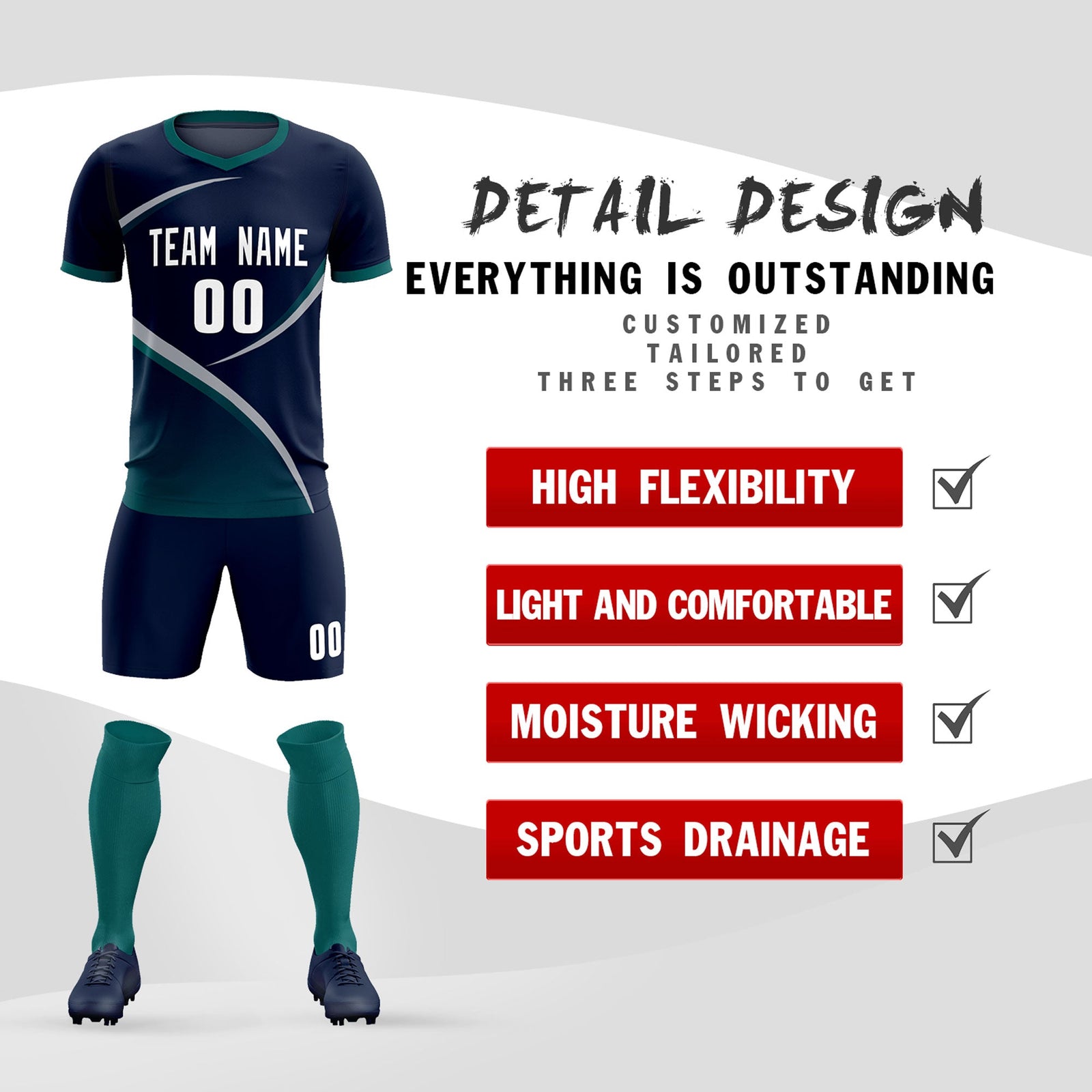 Custom Navy Aqua Color Block Training Uniform For Men Soccer Sets Jersey