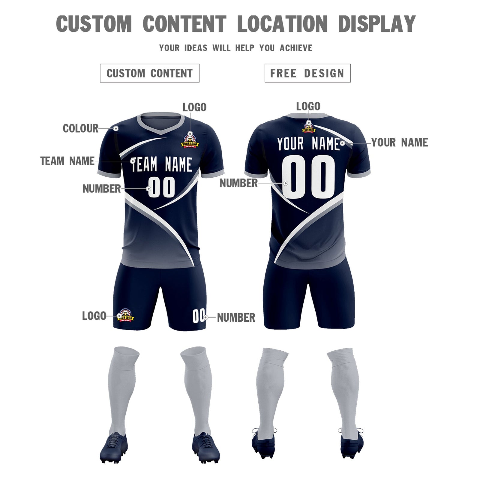 Custom Navy Gray Color Block Training Uniform For Men Soccer Sets Jersey