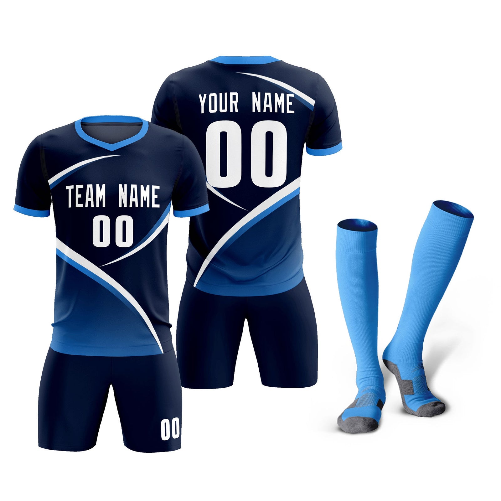 Custom Navy Powder Blue Color Block Training Uniform For Men Soccer Sets Jersey