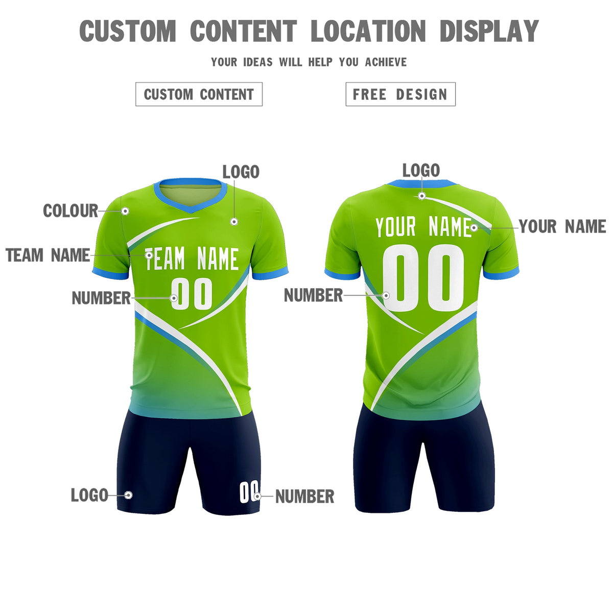 Custom Neon Green Powder Blue Color Block Training Uniform For Men Soccer Sets Jersey