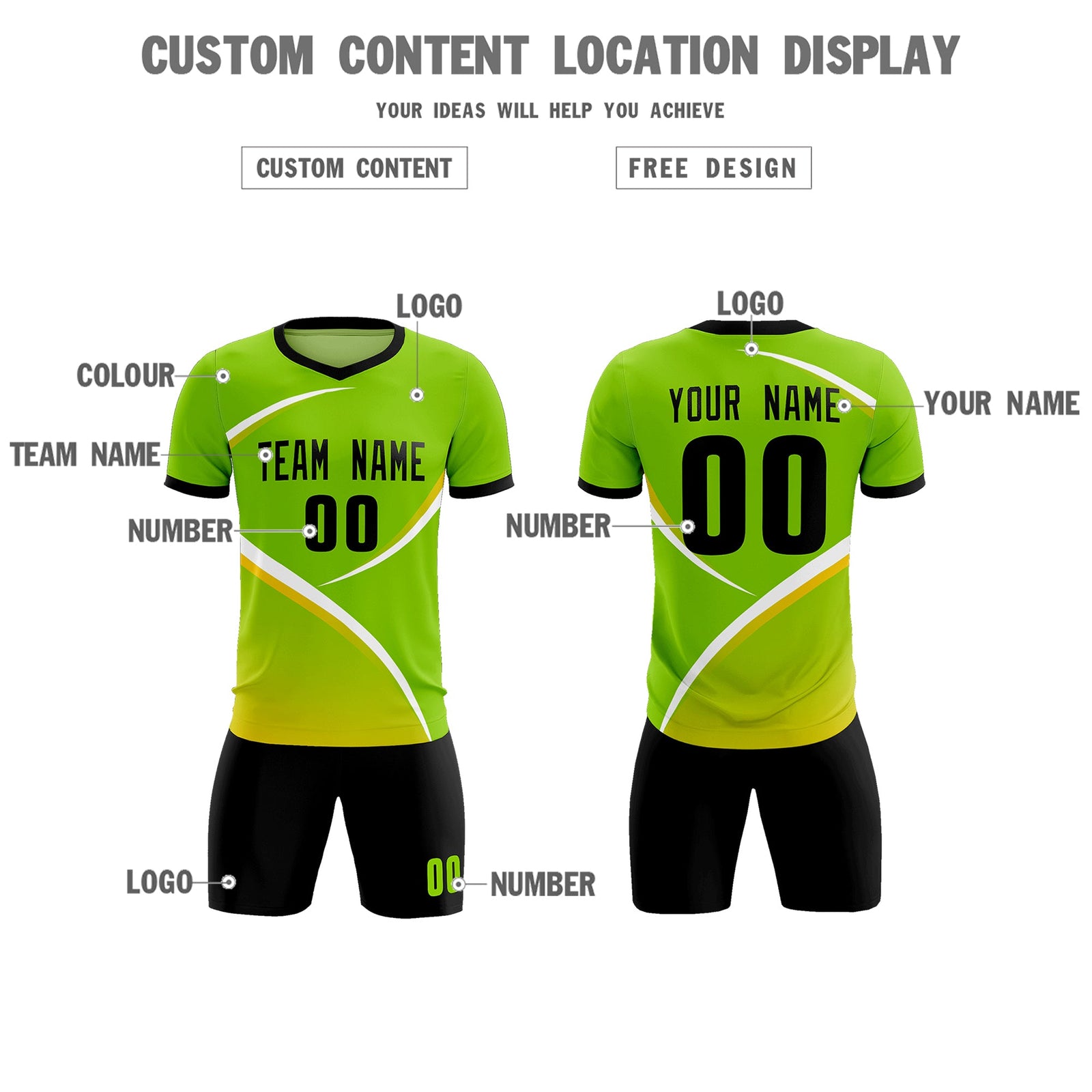 Custom Neon Green Black Color Block Training Uniform For Men Soccer Sets Jersey