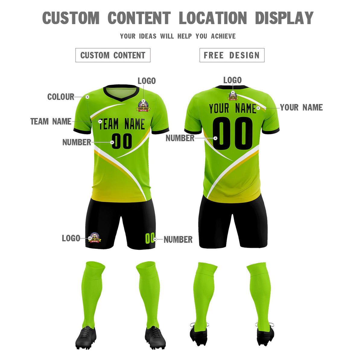 Custom Neon Green Black Color Block Training Uniform For Men Soccer Sets Jersey