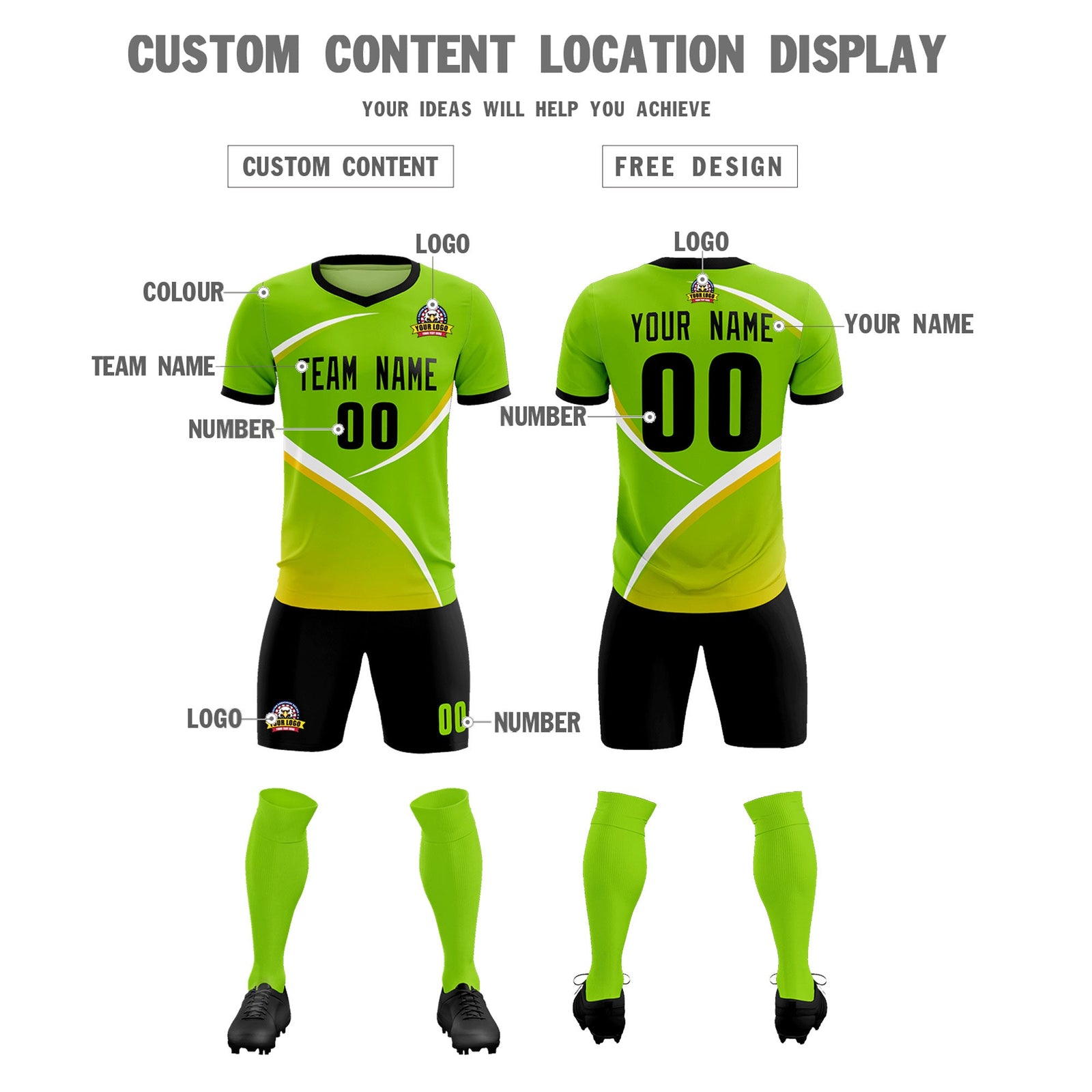 Custom Neon Green Black Color Block Training Uniform For Men Soccer Sets Jersey