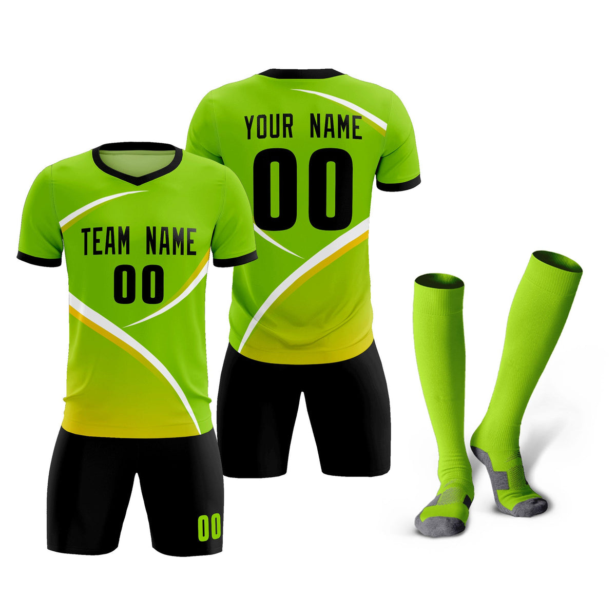 Custom Neon Green Black Color Block Training Uniform For Men Soccer Sets Jersey
