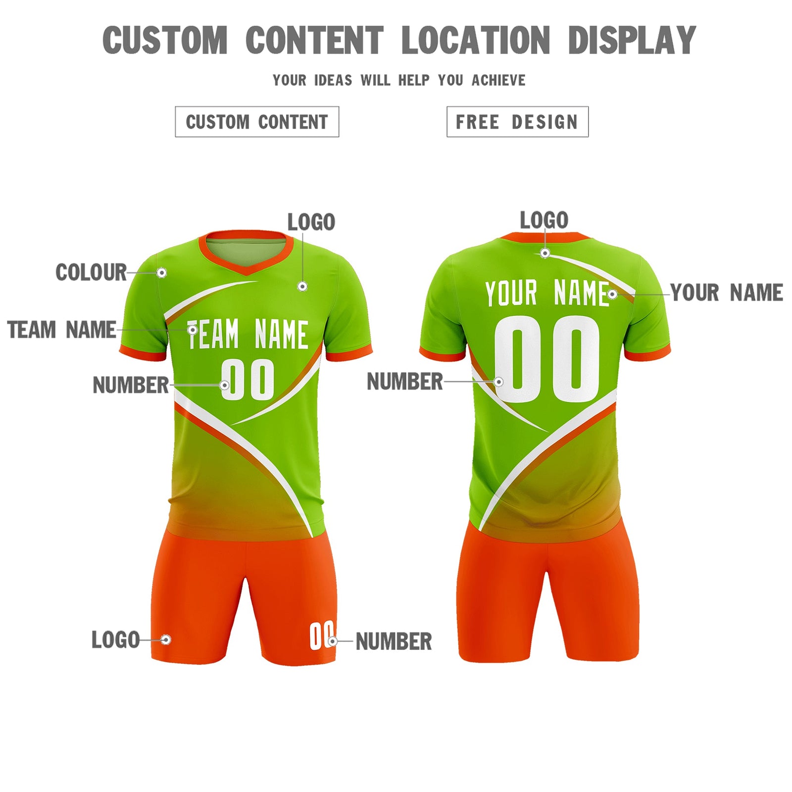 Custom Neon Green Orange Color Block Training Uniform For Men Soccer Sets Jersey
