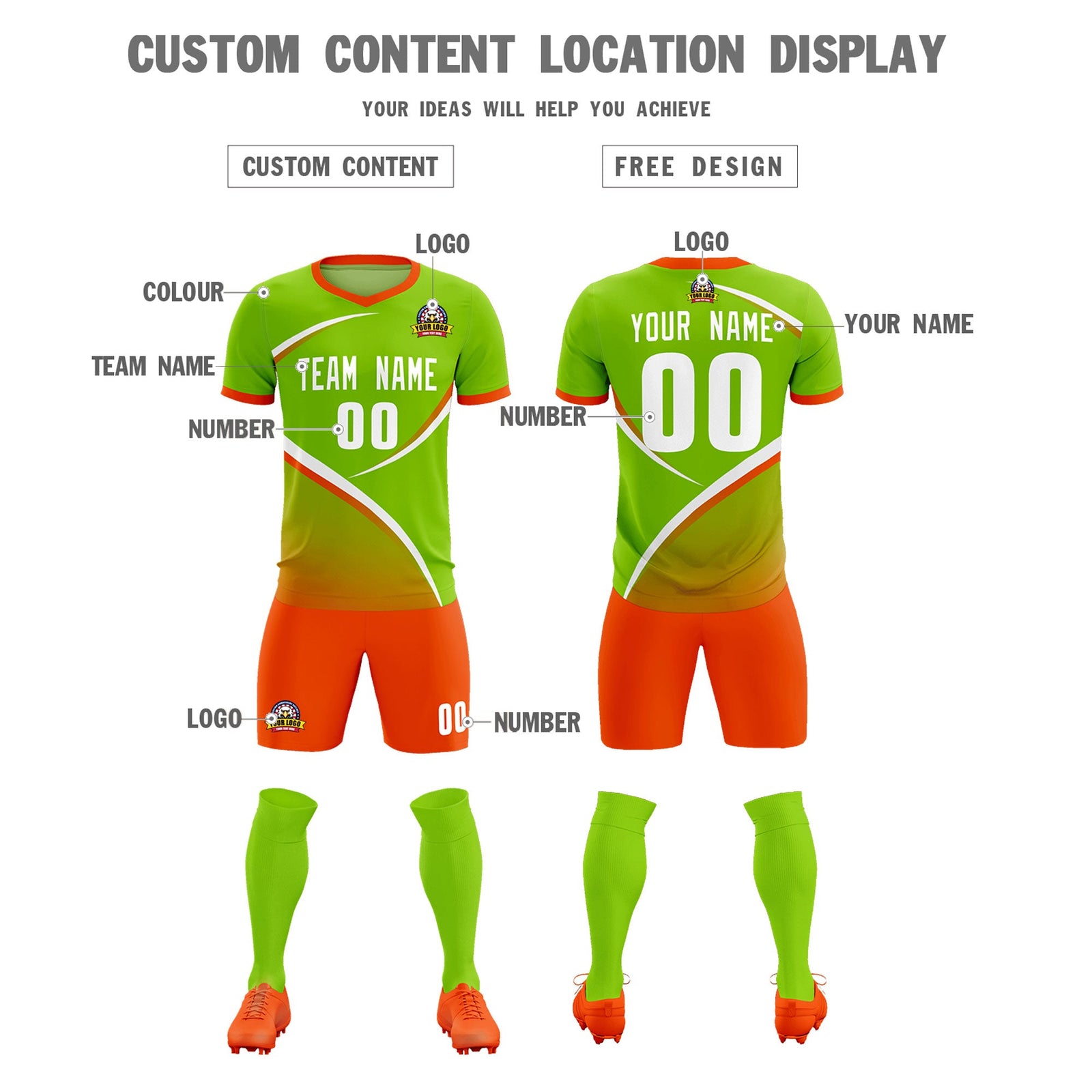 Custom Neon Green Orange Color Block Training Uniform For Men Soccer Sets Jersey