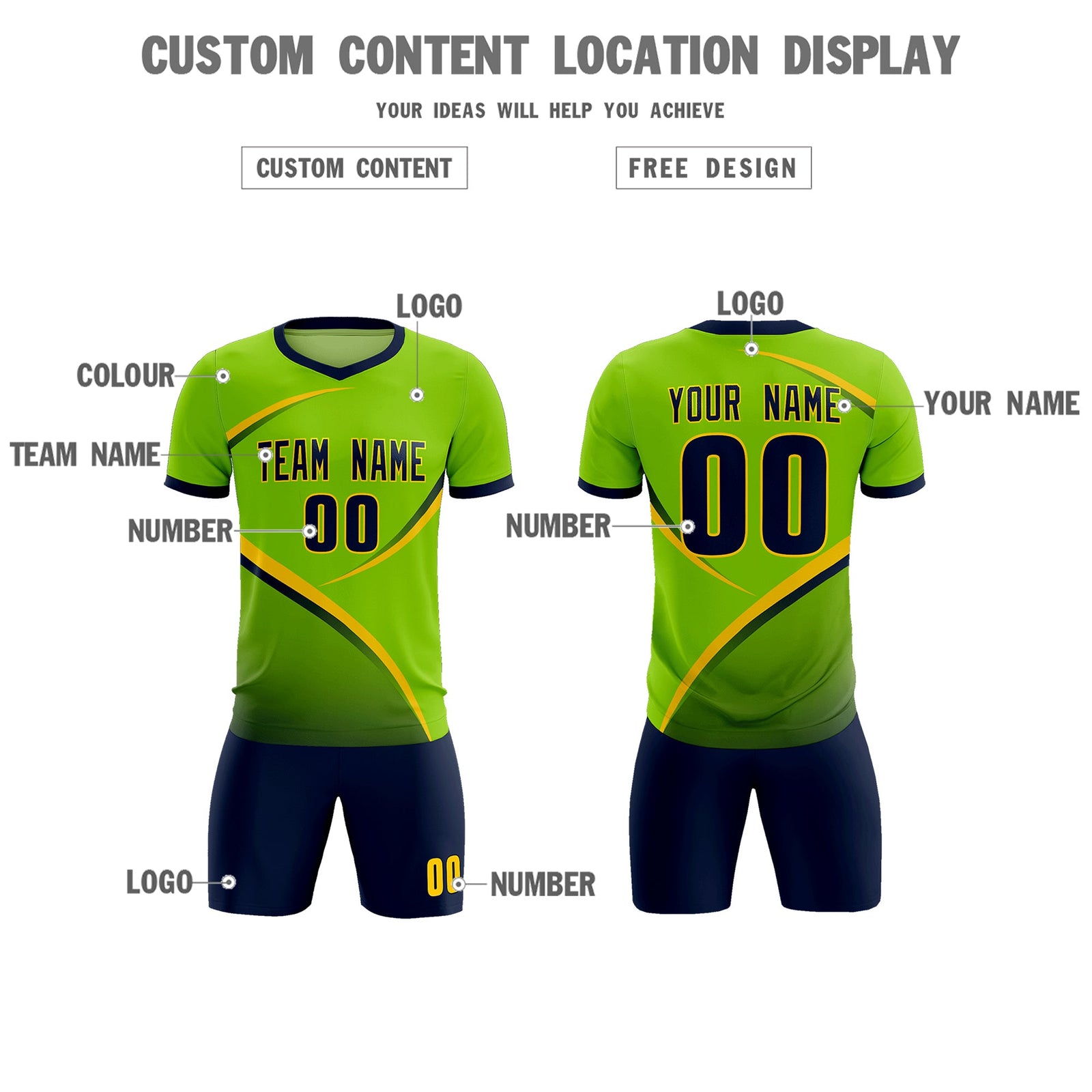 Custom Neon Green Navy Color Block Training Uniform For Men Soccer Sets Jersey