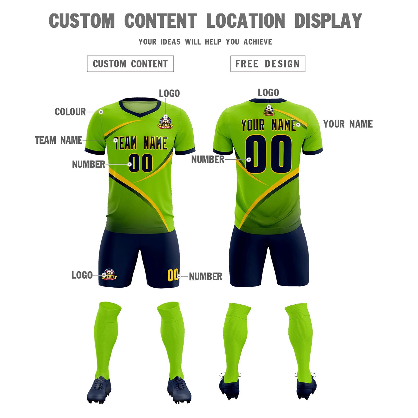 Custom Neon Green Navy Color Block Training Uniform For Men Soccer Sets Jersey