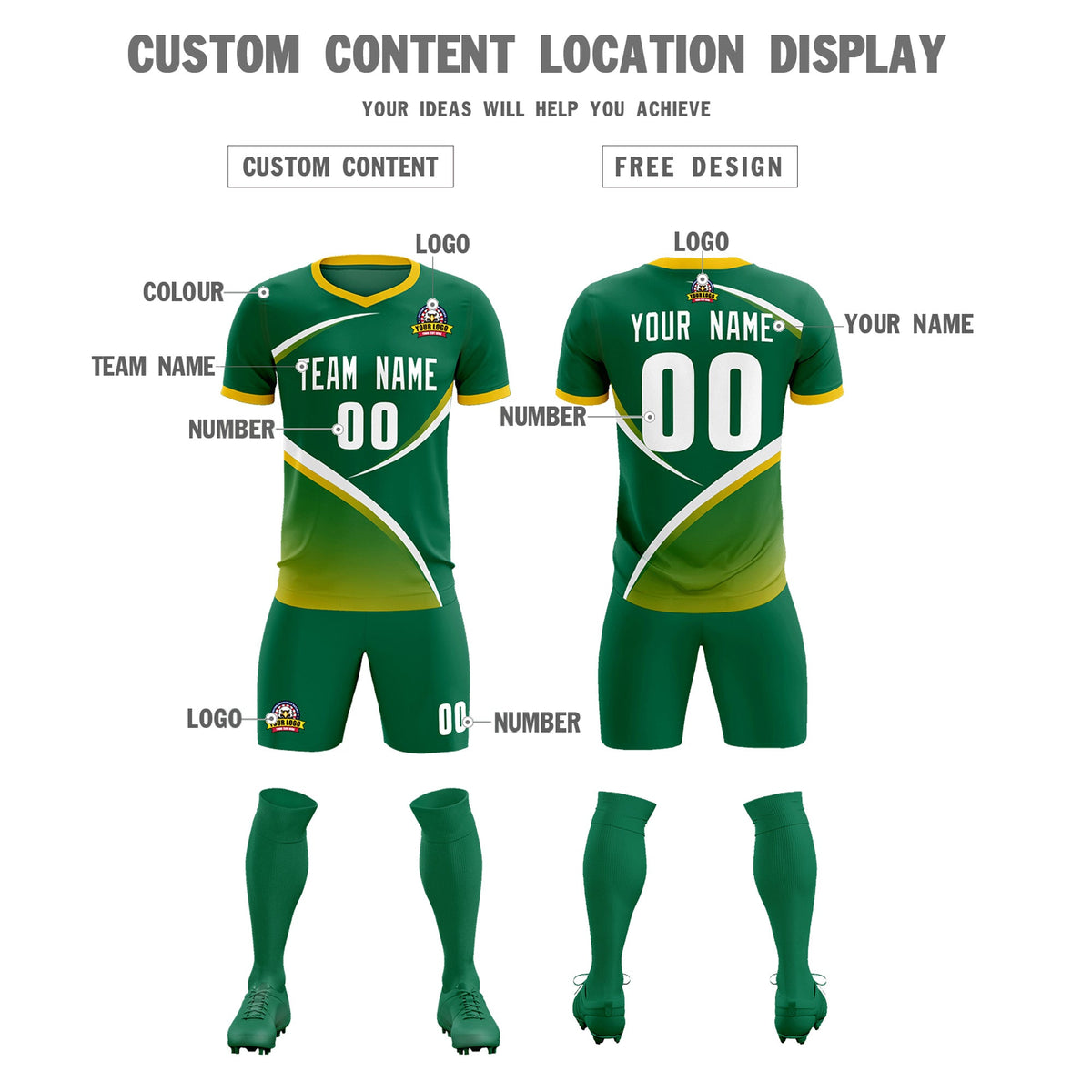Custom Kelly Green Gold Color Block Training Uniform For Men Soccer Sets Jersey