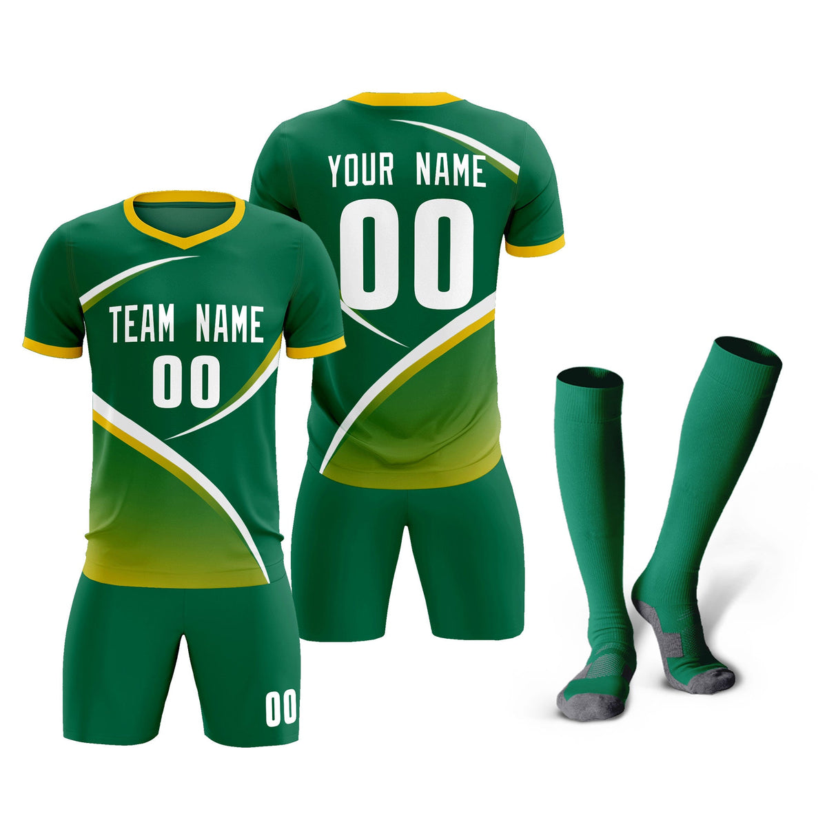 Custom Kelly Green Gold Color Block Training Uniform For Men Soccer Sets Jersey