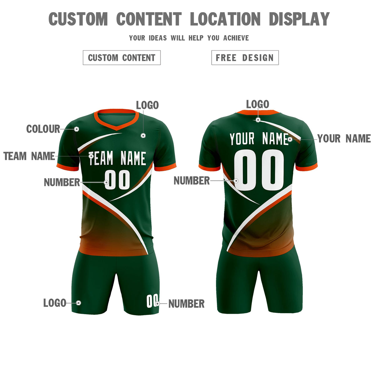 Custom Green Orange Color Block Training Uniform For Men Soccer Sets Jersey