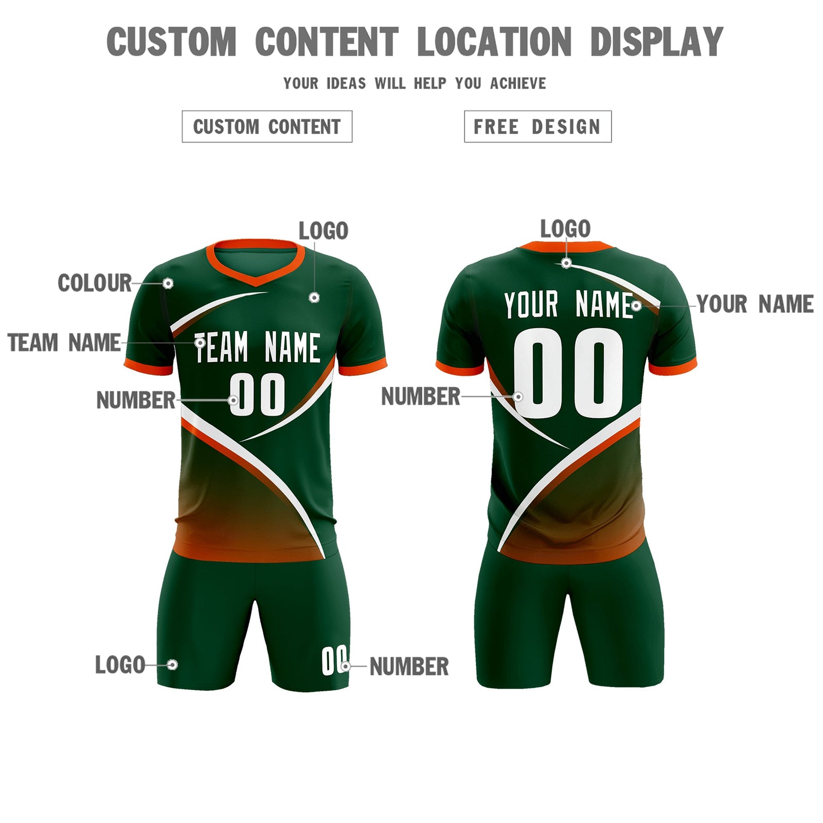 Custom Green Orange Color Block Training Uniform For Men Soccer Sets Jersey
