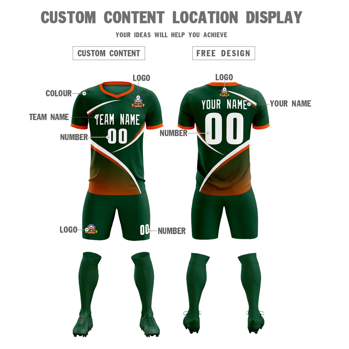 Custom Green Orange Color Block Training Uniform For Men Soccer Sets Jersey