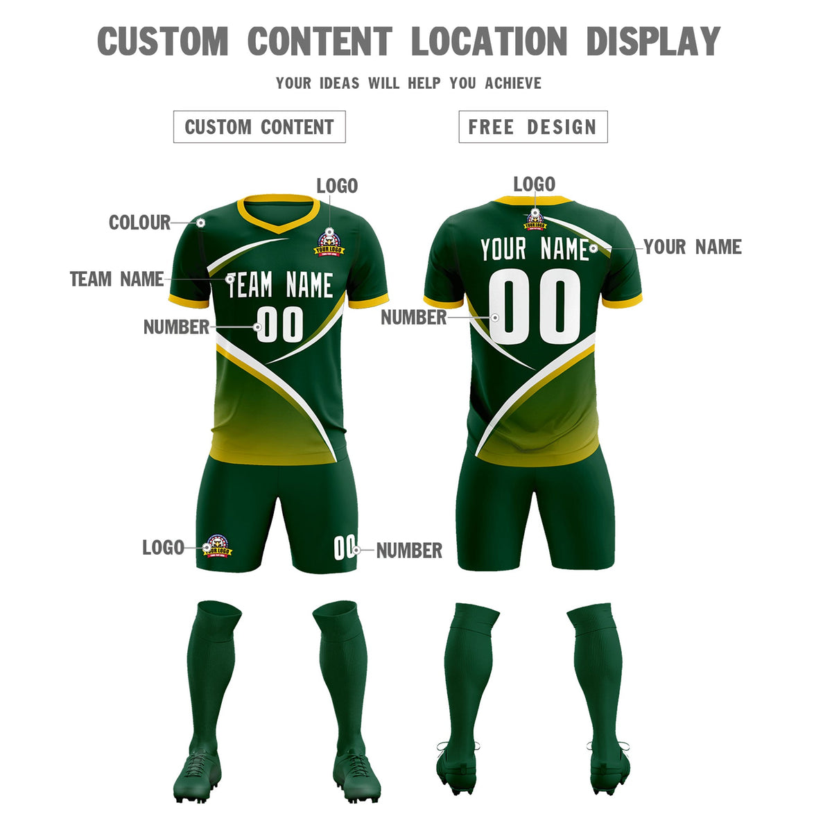 Custom Green Gold Color Block Training Uniform For Men Soccer Sets Jersey