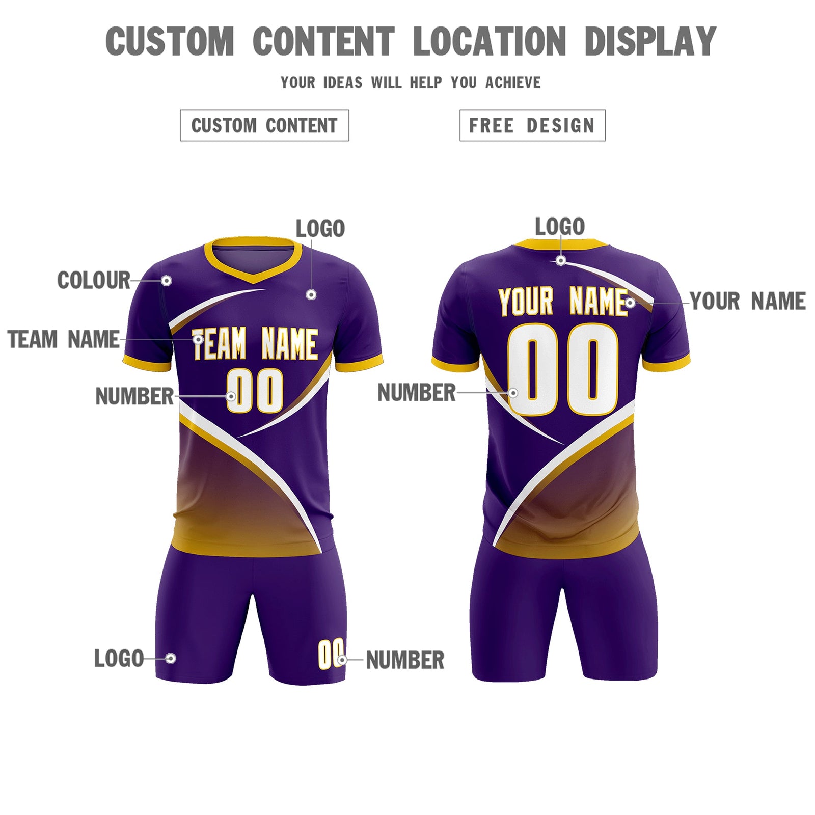 Custom Purple Gold Color Block Training Uniform For Men Soccer Sets Jersey