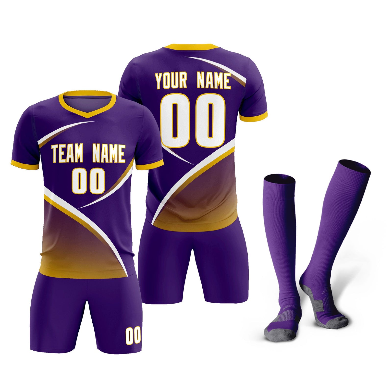 Custom Purple Gold Color Block Training Uniform For Men Soccer Sets Jersey