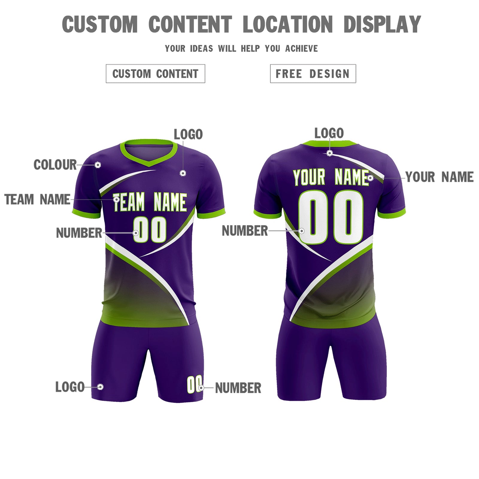 Custom Purple Neon Green Color Block Training Uniform For Men Soccer Sets Jersey