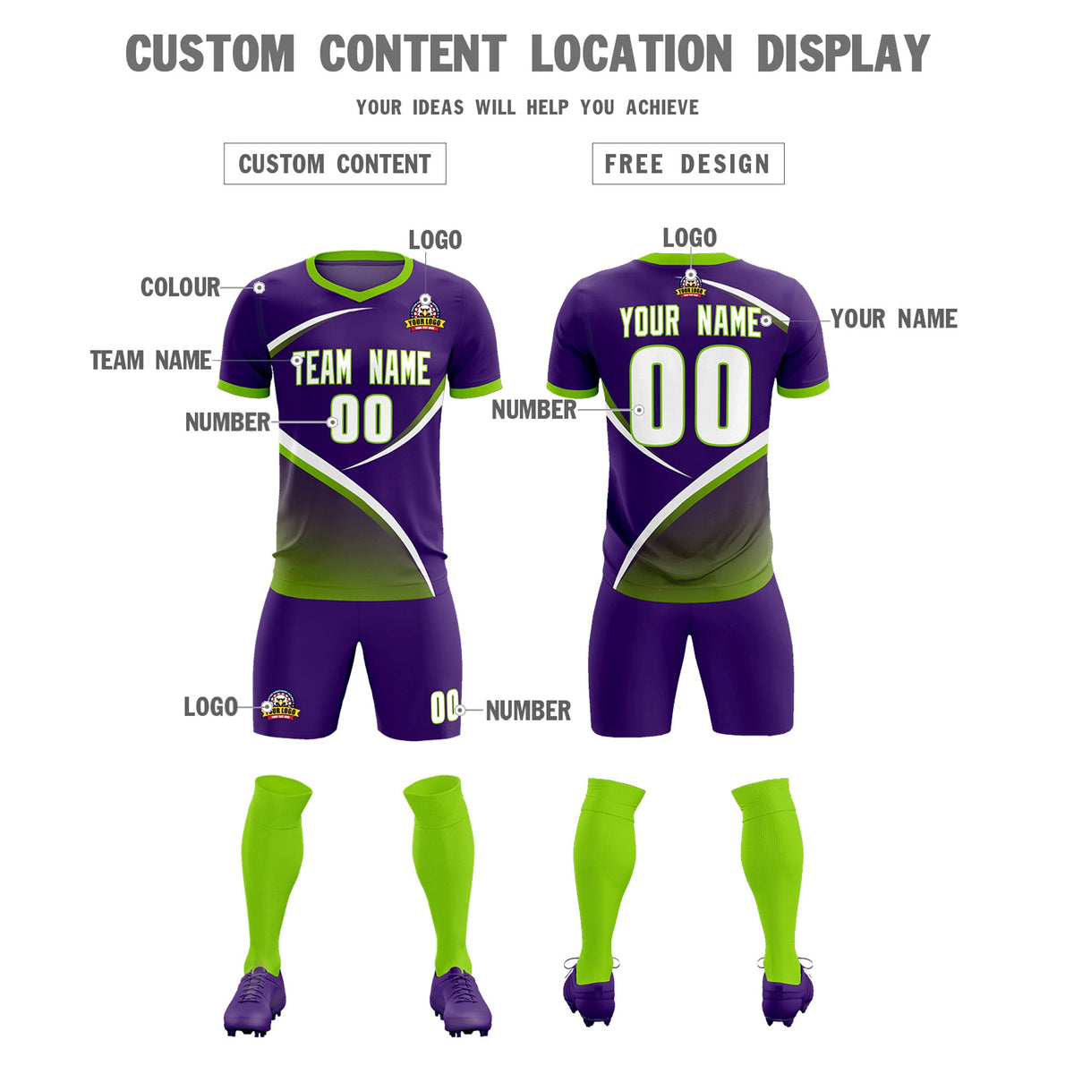 Custom Purple Neon Green Color Block Training Uniform For Men Soccer Sets Jersey